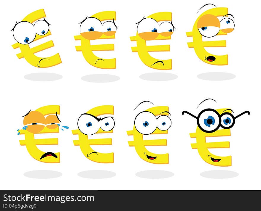 A vector cartoon representing a funny euro symbol in different poses