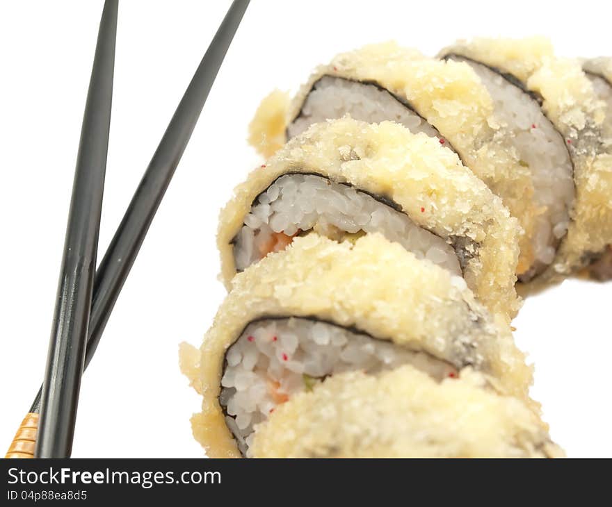 Rolls  in batter and chopstick isolated on white