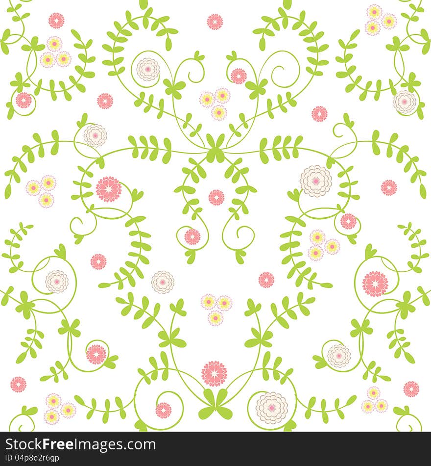 Vector green seamless background with flowers and leaves. Vector green seamless background with flowers and leaves