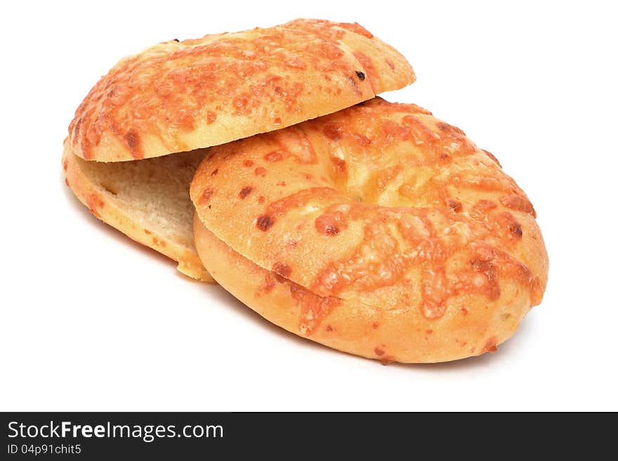 Fresh baked asiago bagels white background. Fresh baked asiago bagels white background