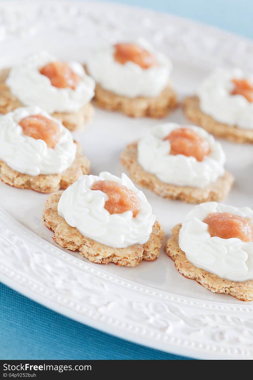 Canapes with cream fresh and pollack caviar, selective focus. Canapes with cream fresh and pollack caviar, selective focus