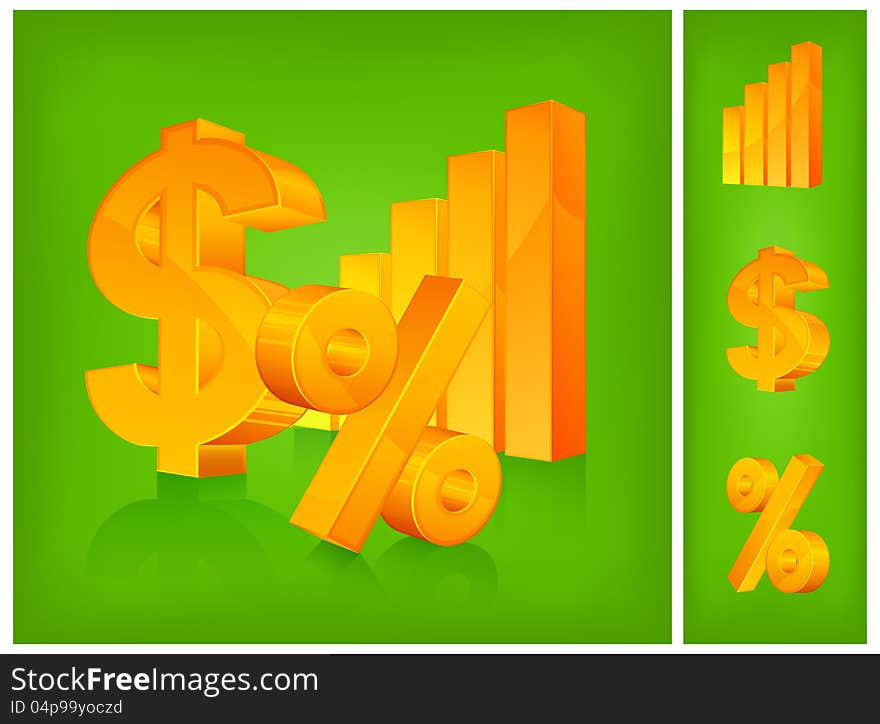 Yellow business symbols on green, vector illustration for business