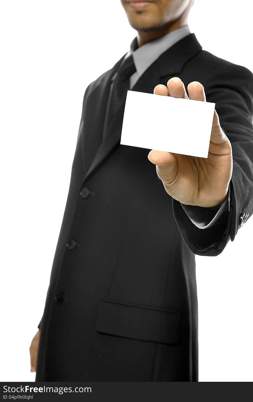 Business man holding name card isolated over white background