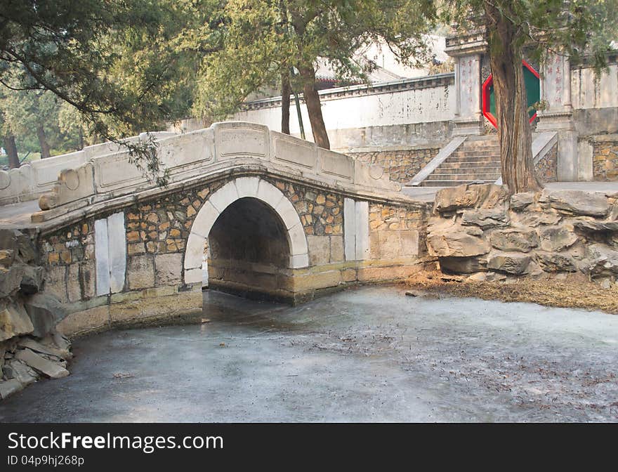 Chinese garden scenery. Bridge with forzen water and ice in Summer Palace in Beijing.