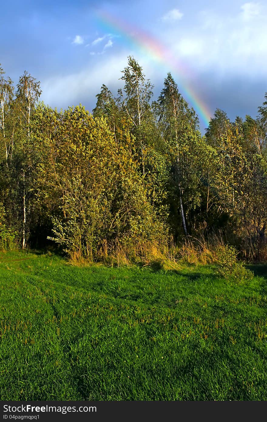 Picturesque autumn landscape with rainbow over the woodland. Picturesque autumn landscape with rainbow over the woodland