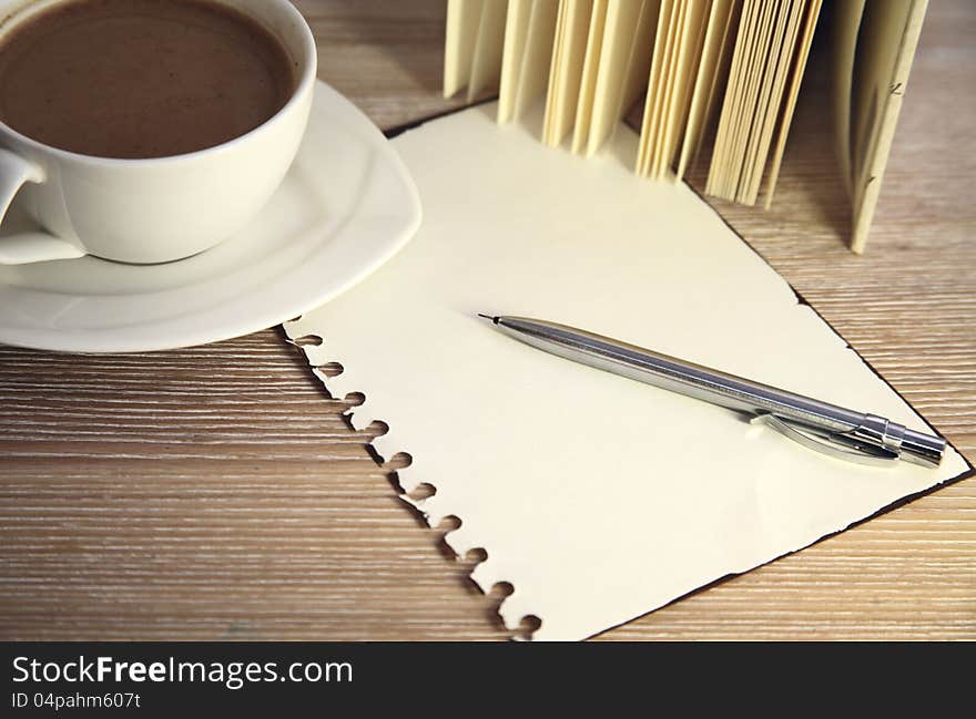 Image of cup of coffee, pencil and blank of paper. Image of cup of coffee, pencil and blank of paper