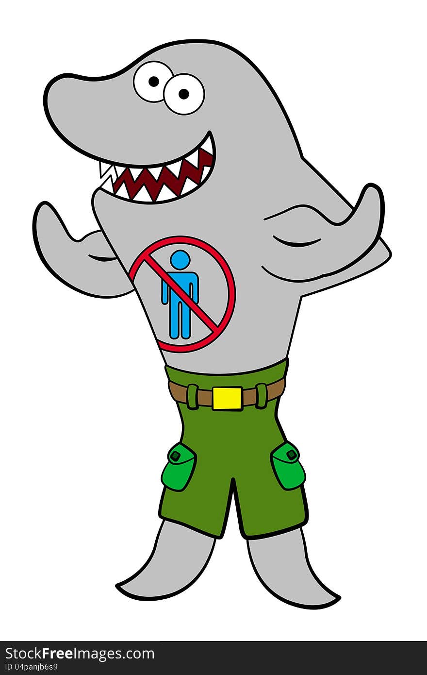 A funny looking shark showing off his muscles, with a human icon and banned sign tattoo on his body. A funny looking shark showing off his muscles, with a human icon and banned sign tattoo on his body