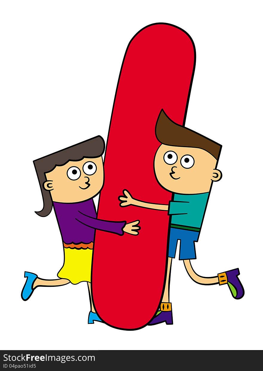 A humorous illustration of two cartoon kids hugging a giant hot dog. A humorous illustration of two cartoon kids hugging a giant hot dog