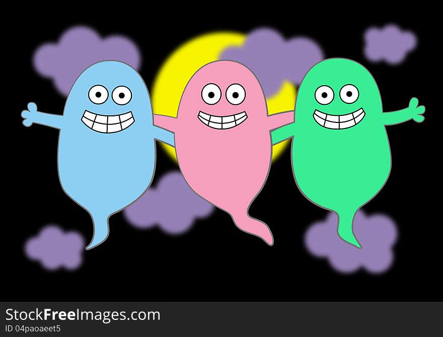 A cute illustration of three ghosts with a night sky background