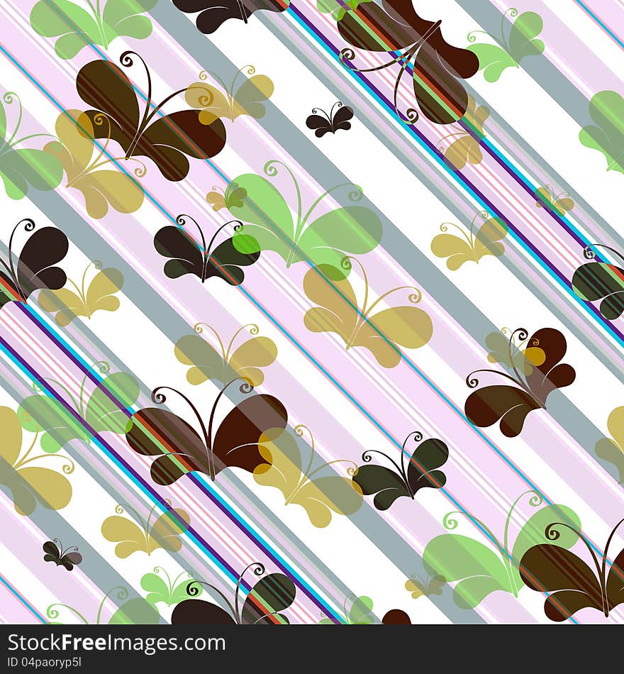 Seamless pattern with silhouettes translucent butterflies and diagonal lines (vector EPS 10)