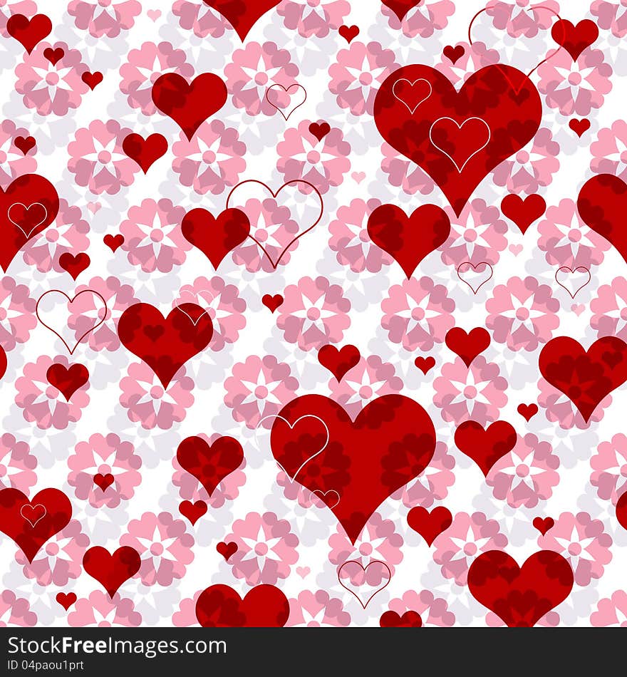 Seamless valentine pattern with pink flowers and vivid red hearts (vector EPS 10)