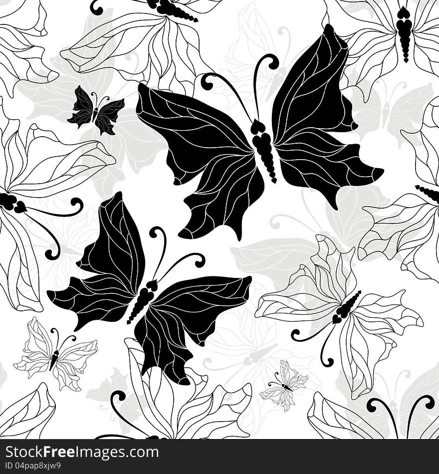 Seamless pattern with graphic white, black and gray vintage butterflies (vector). Seamless pattern with graphic white, black and gray vintage butterflies (vector)