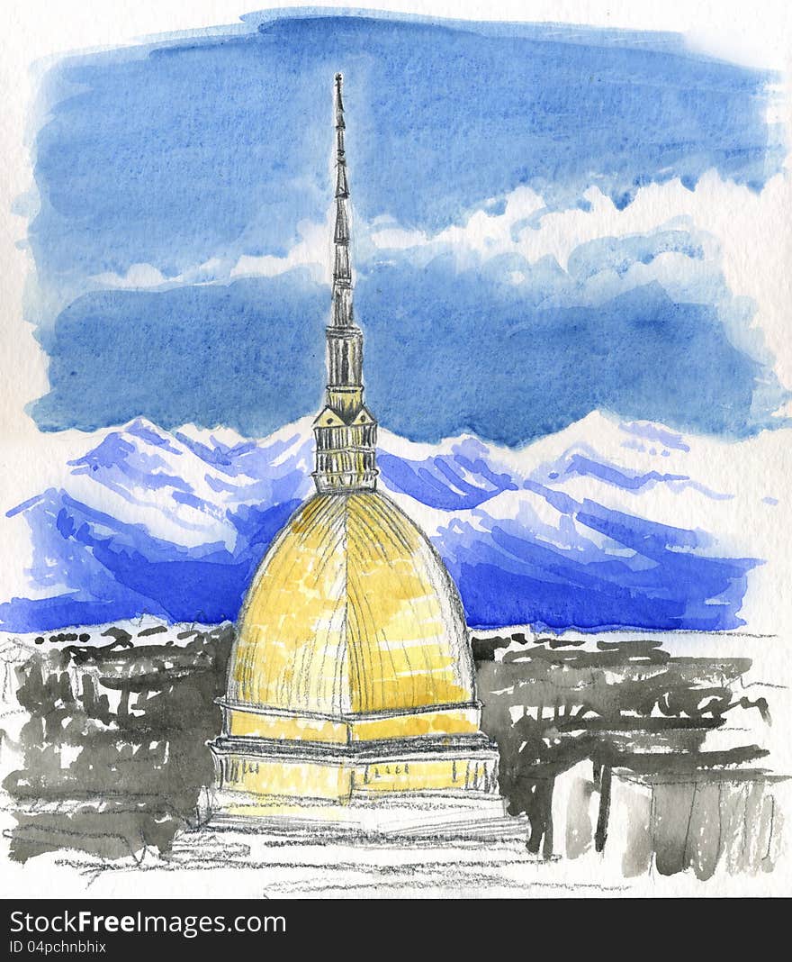 Hand painted watercolor. Mole Antonelliana, ancient tower in Turin, Italy. Hand painted watercolor. Mole Antonelliana, ancient tower in Turin, Italy.