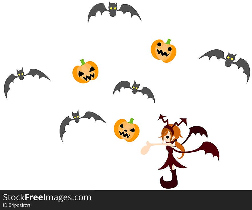 A devil girl manipulating bats and Jack-o-lantern.