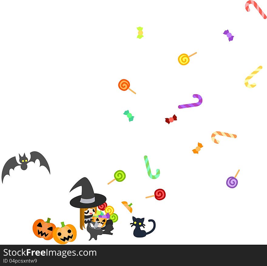 A witch girl has a strange pumpkin box . Candy and sweets comes out to infinity from inside. A witch girl has a strange pumpkin box . Candy and sweets comes out to infinity from inside.