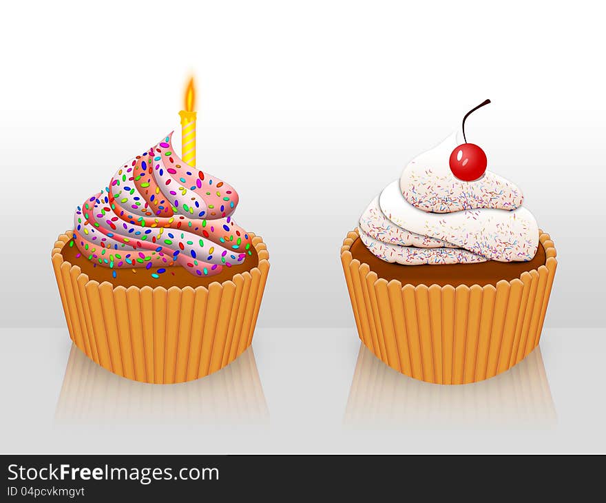 Illustration of two decorated cupcakes with candle and cherry.