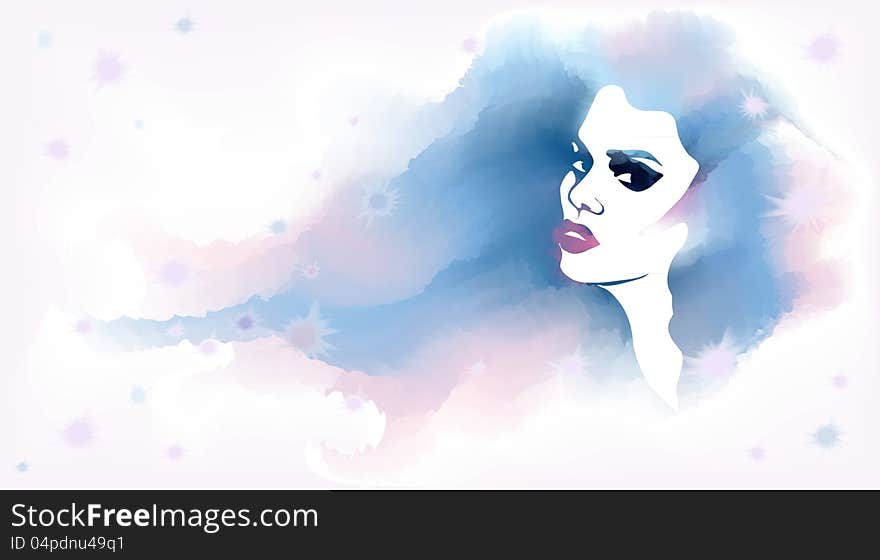 Beautiful woman face with hairs flying in the wind. Watercolor fashion sketch