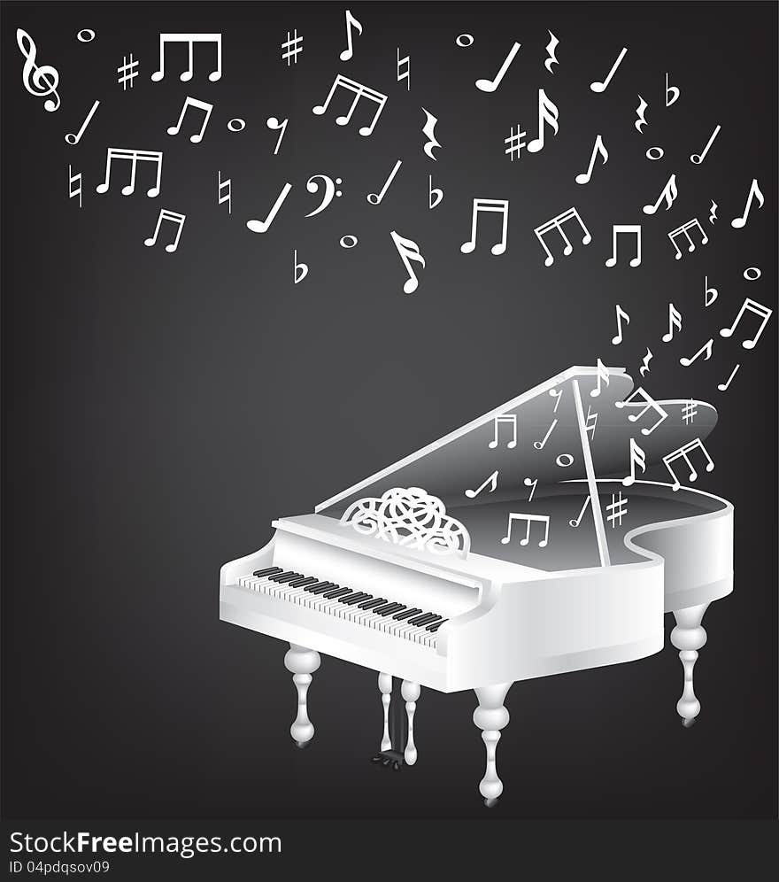 Music vintage card with white grand piano and notes