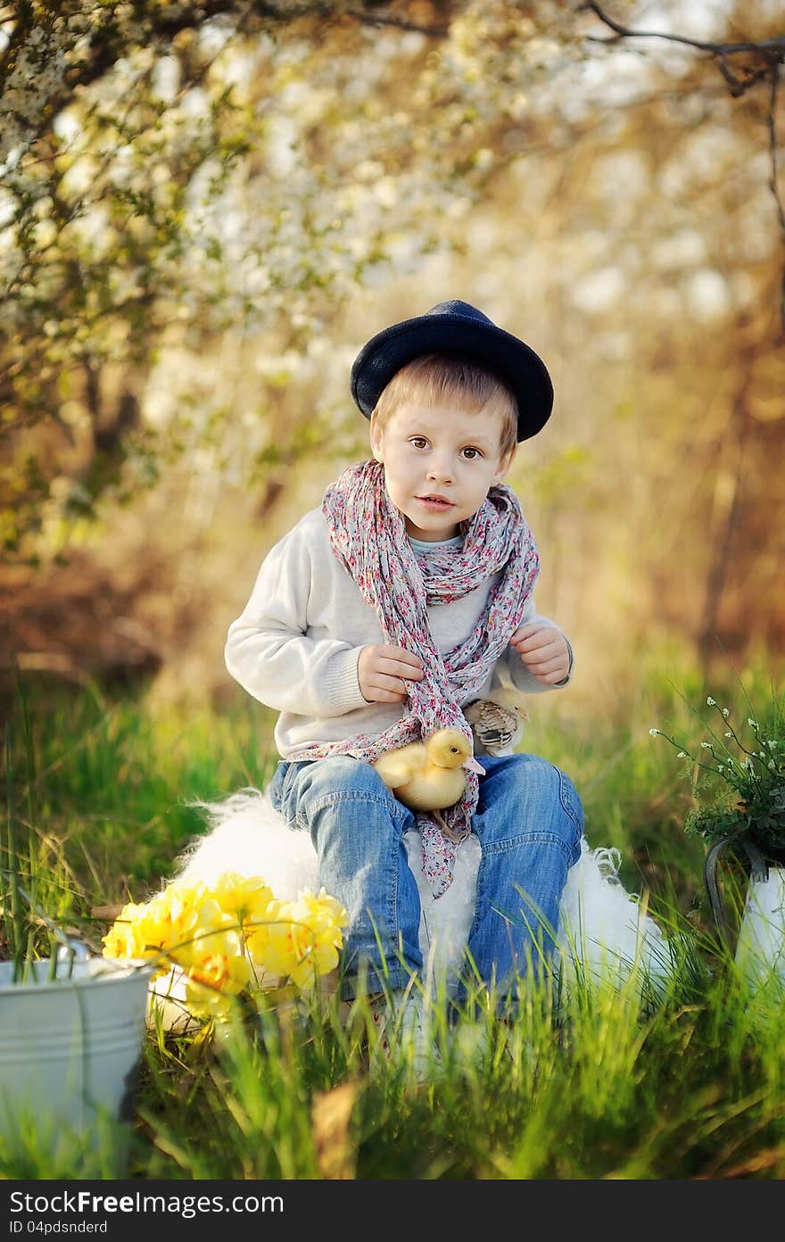 Boy sitting outdoors in a hat with ducks and chickens. Boy sitting outdoors in a hat with ducks and chickens