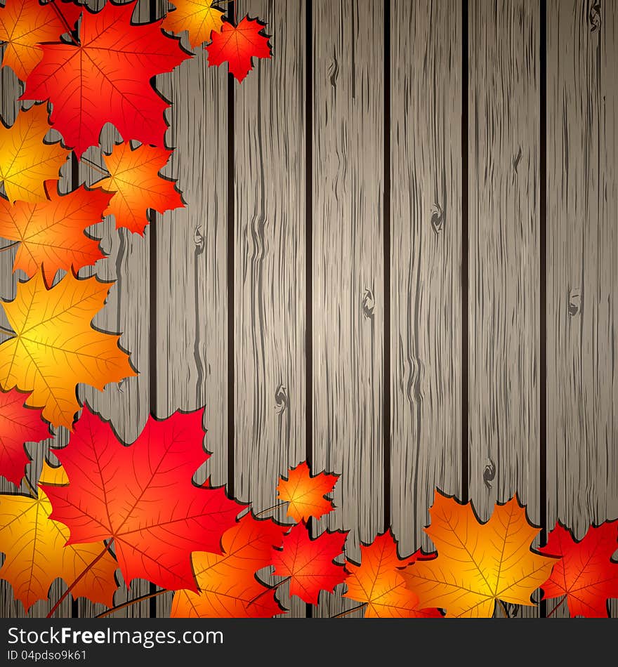 Autumn Leaves over wooden background. Vector illustration