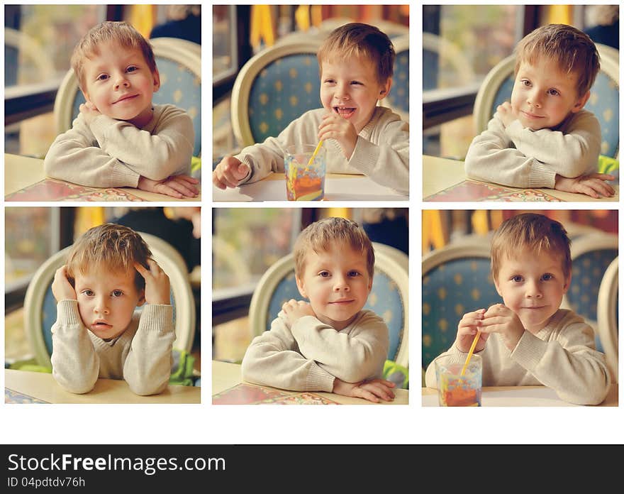 Collage - emotional boy sits at a table in a cafe and drinking juice. Collage - emotional boy sits at a table in a cafe and drinking juice