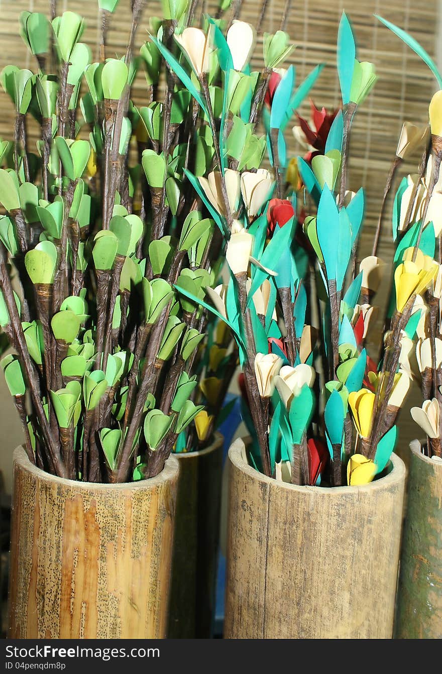 Bouquet of dry flowers in bamboo vase