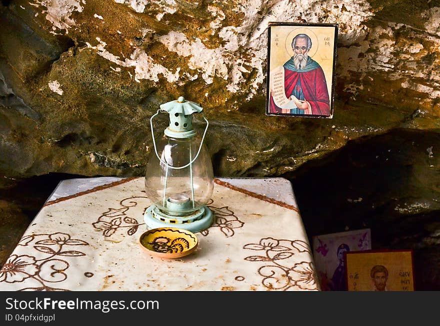 An altar in cave near the water. Greece. Thassos. An altar in cave near the water. Greece. Thassos