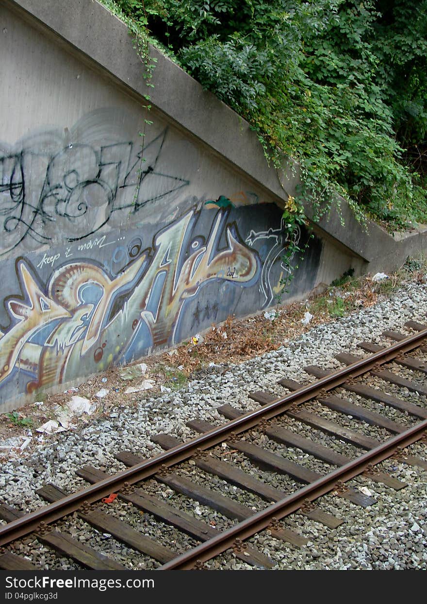 Railway sidings and graffity lettering