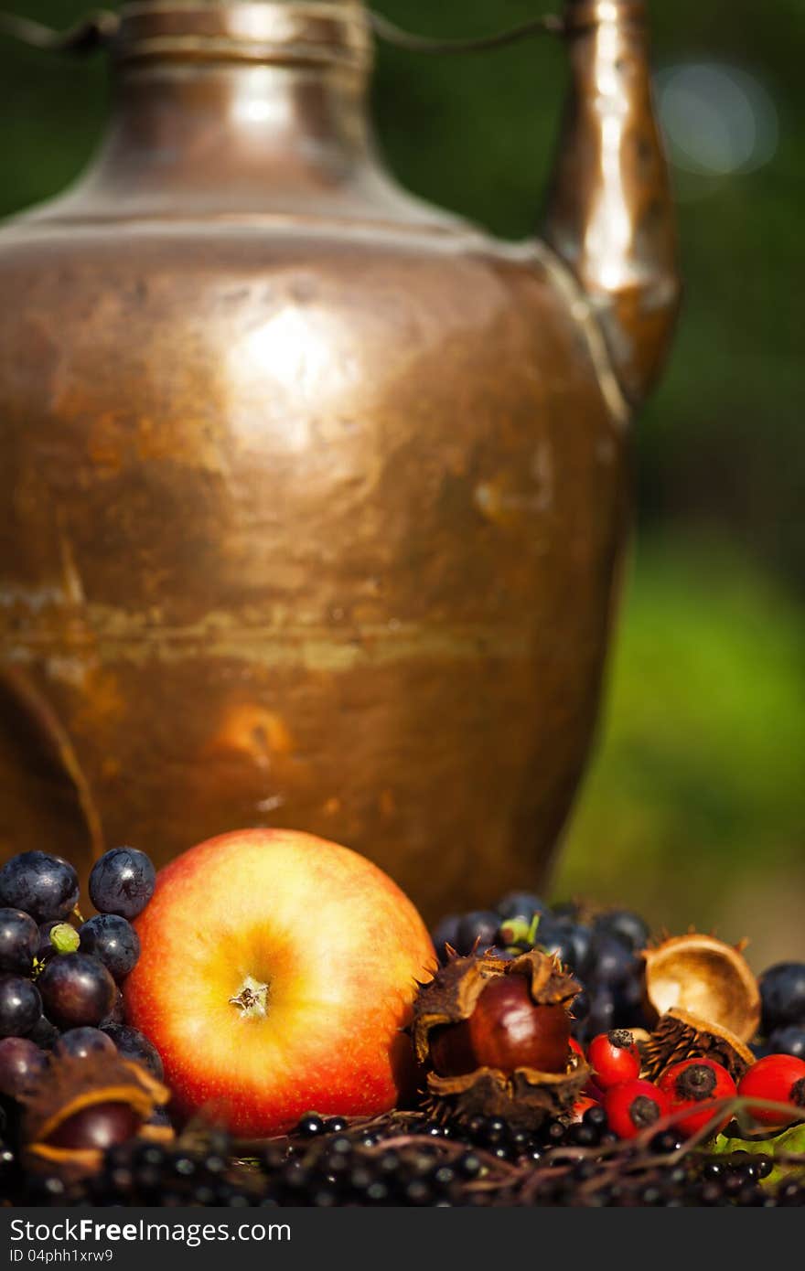 Autumnal fruits in front of a copper pot