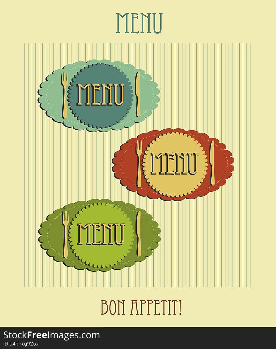 Retro menu decoration - word menu in a small circle - plate with a fork and a knife