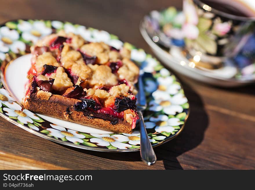 Coffee table with plum cake and coffee. Coffee table with plum cake and coffee