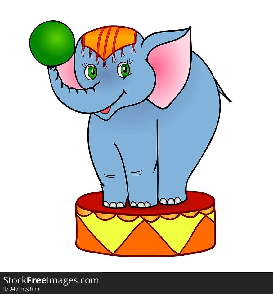 Cartoon elephant circus, with isolation on a white background