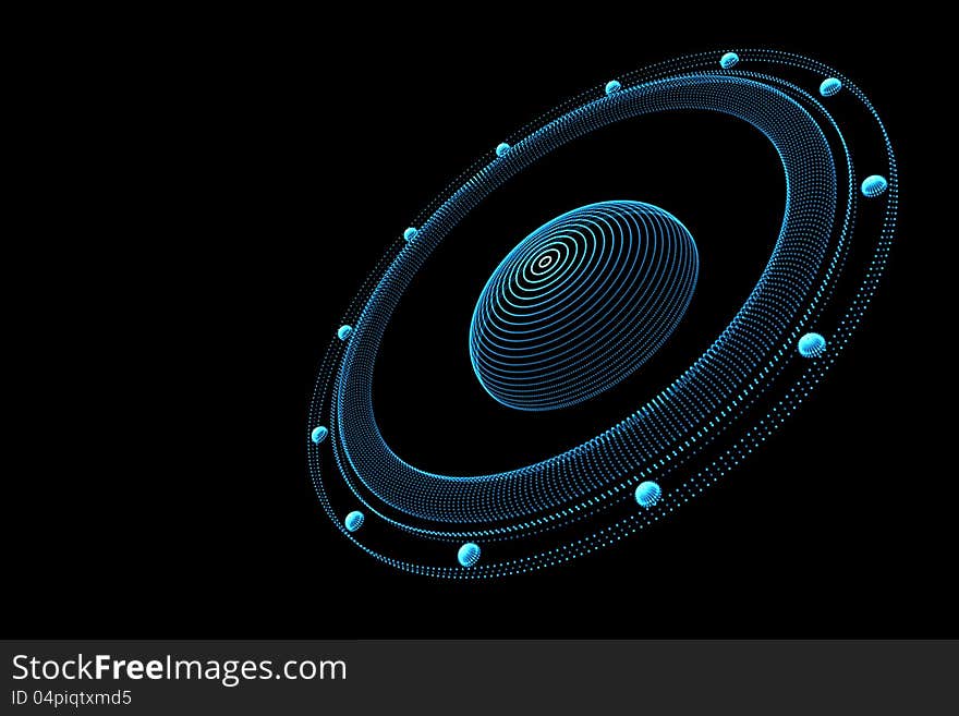 3D abstract speaker from blue dots on black background. 3D abstract speaker from blue dots on black background