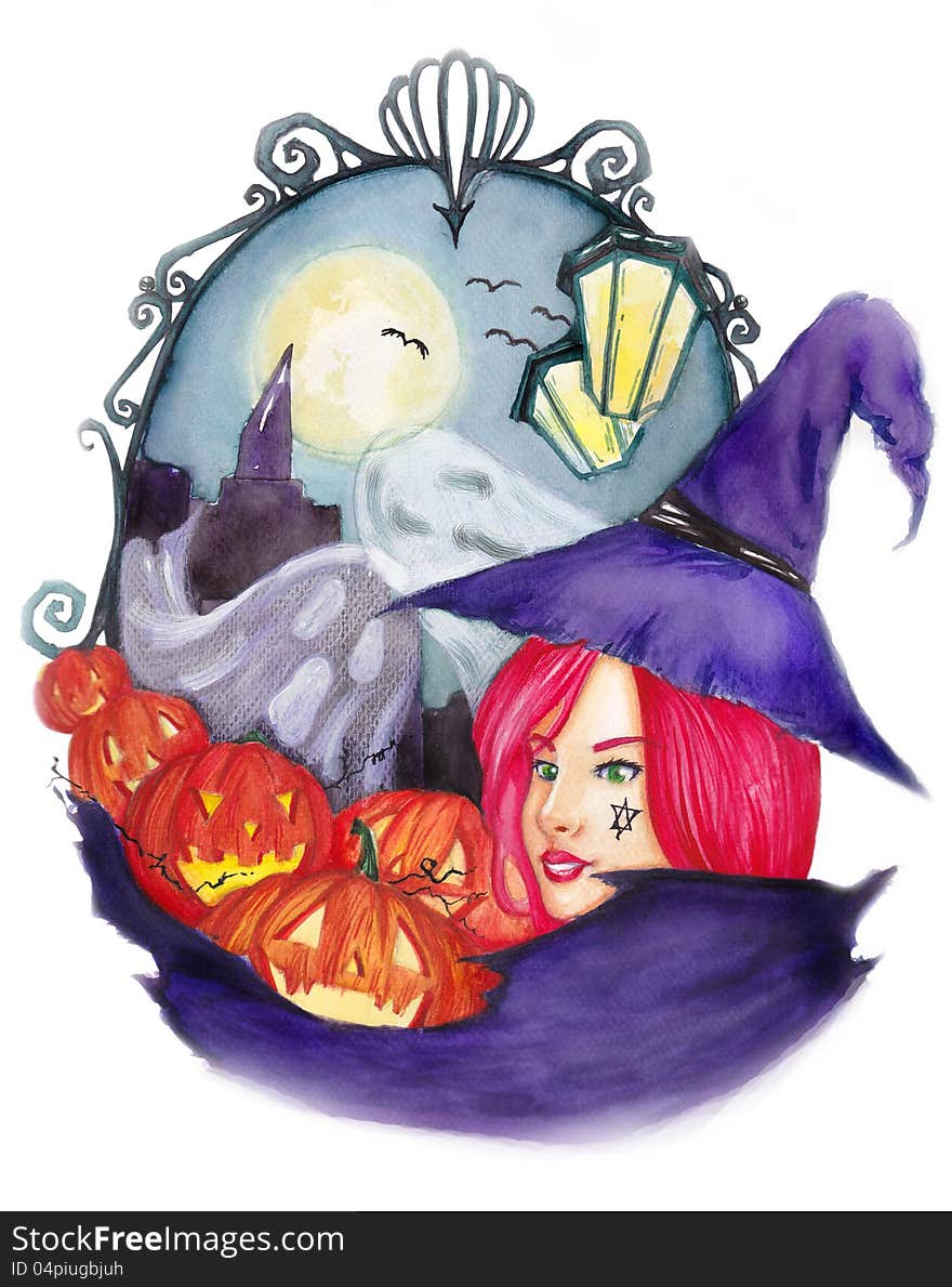 An illustration of an Halloween witch, done by watercolor. An illustration of an Halloween witch, done by watercolor