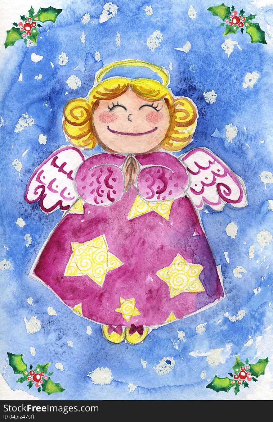 Cute Christmas angel flying in a snowy sky. Traditional hand painted watercolor. Cute Christmas angel flying in a snowy sky. Traditional hand painted watercolor.