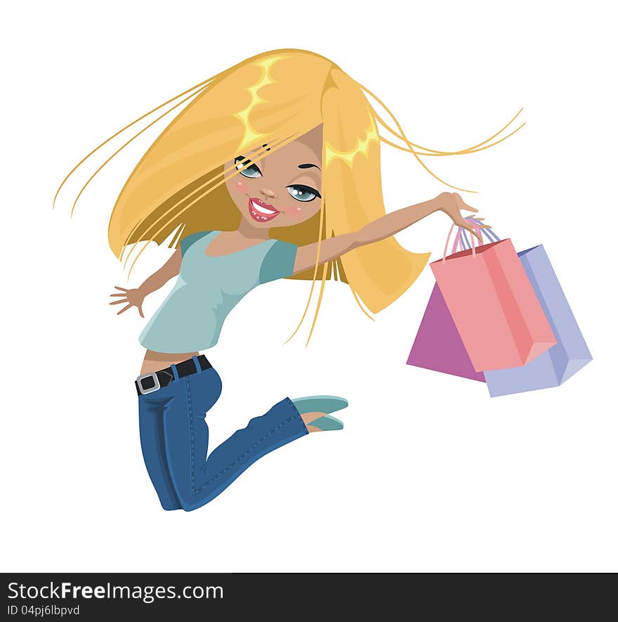 Girl with shopping bags jumping