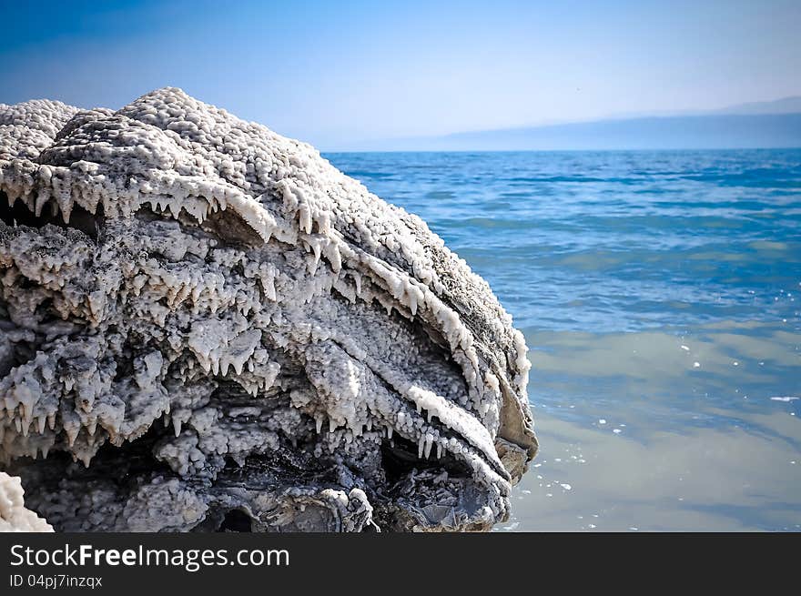 Crystalic salt on the beach of the Dead Sea,