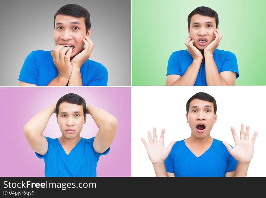 Asian Man Face Expressions Collage With Colorful Background