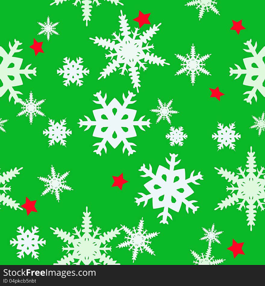 Christmas abstract green background with different blue snowflakes and red stars