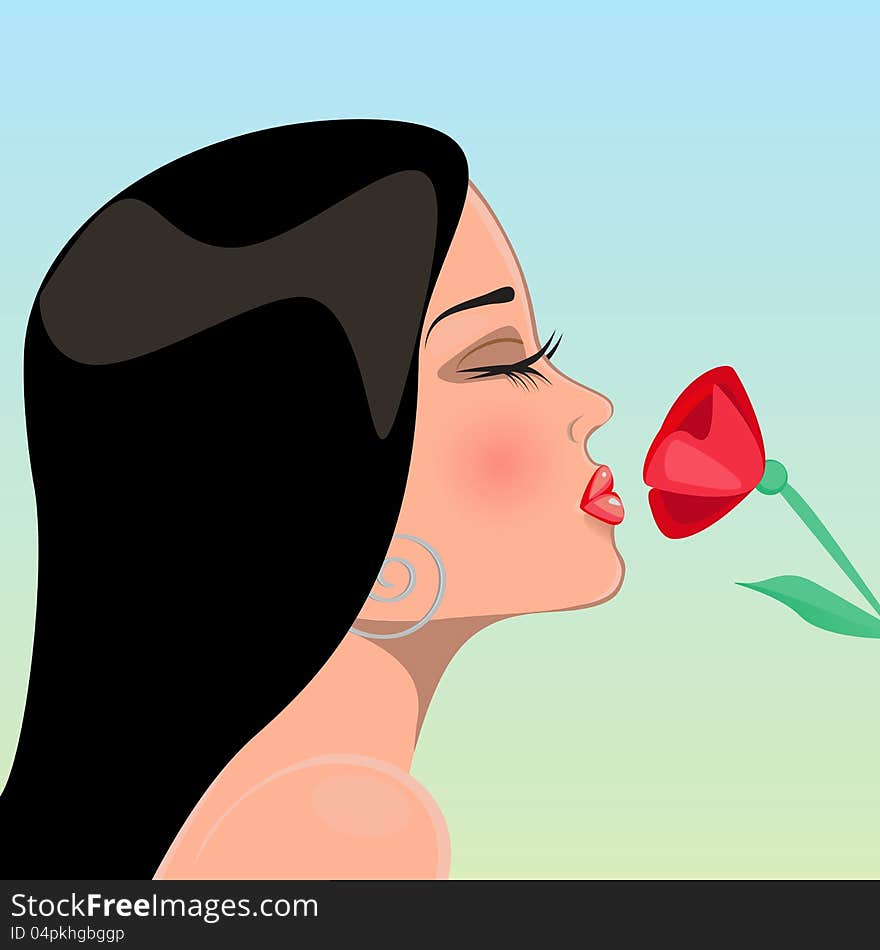 Beautiful woman is smelling a red flower. Beautiful woman is smelling a red flower