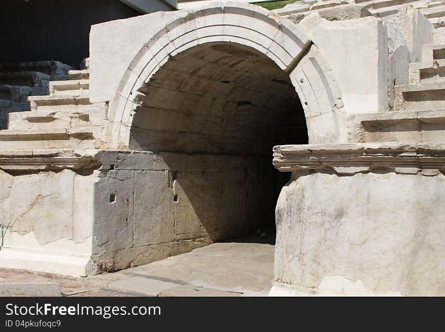 Stone arch of the old ancient theatre in Ploviv, Bulgaria