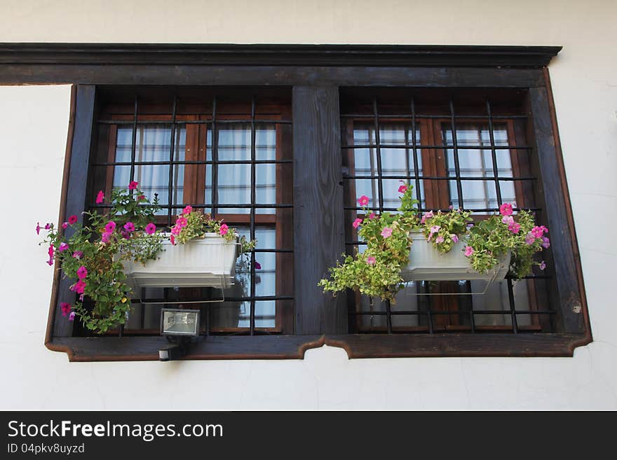 Wooden windows with fresh flowers in front of them