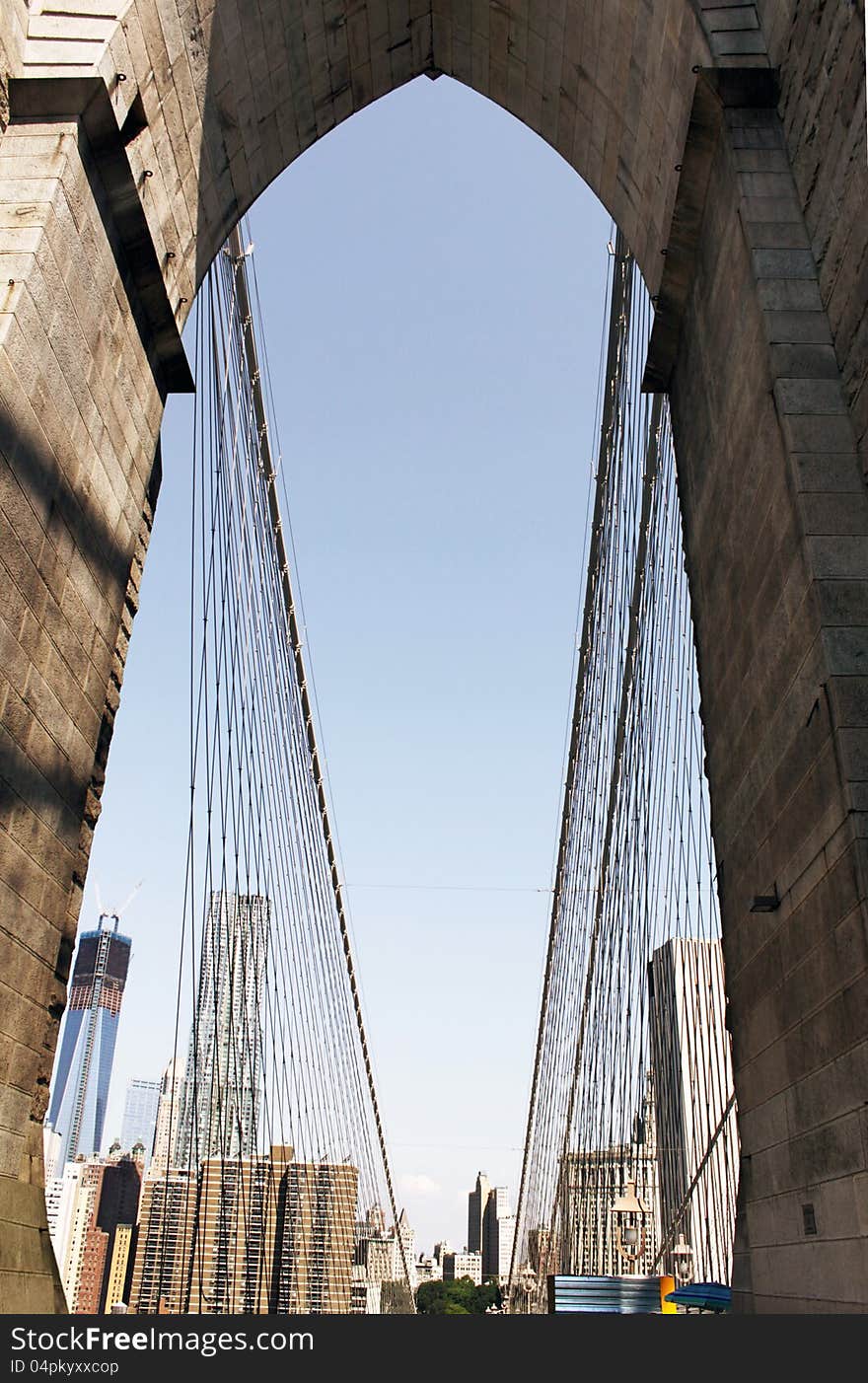 A View of Downtown Manhatten seen from the Brooklyn Bridge. A View of Downtown Manhatten seen from the Brooklyn Bridge