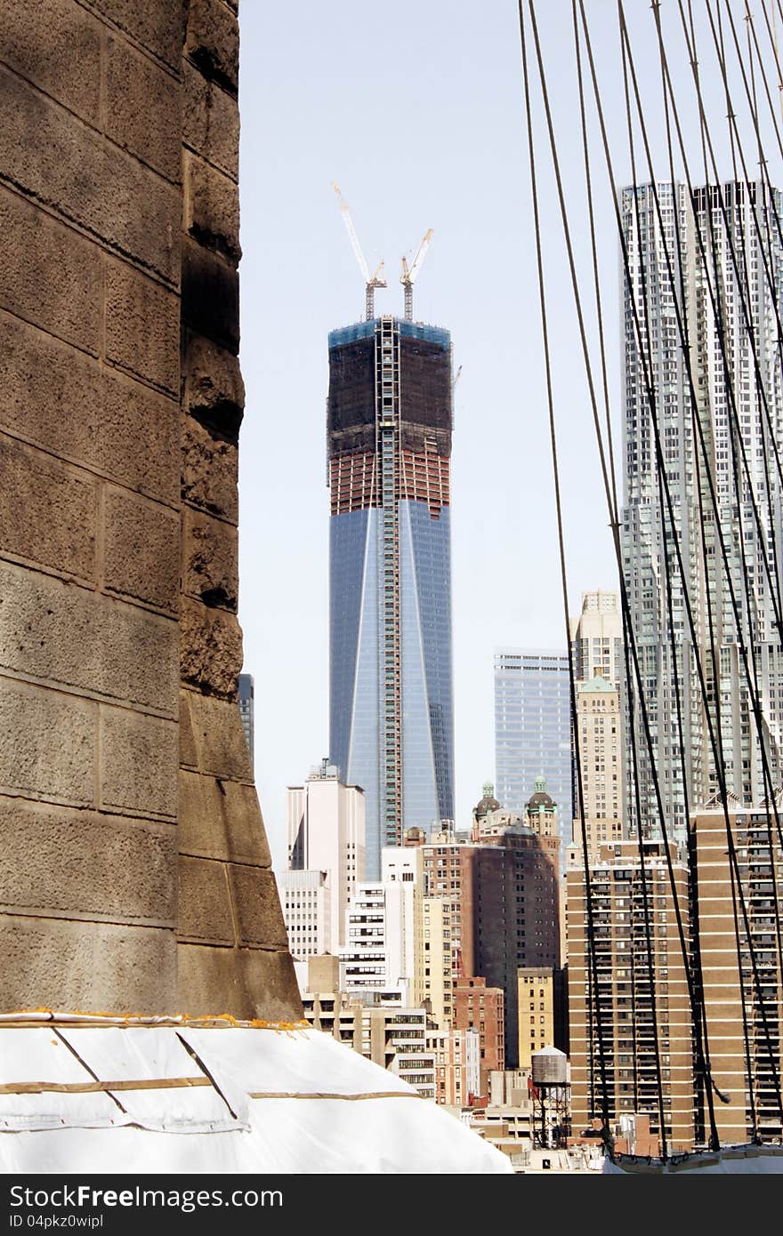 A View of The Freedom Tower in the making seen from the Brooklyn Bridge. A View of The Freedom Tower in the making seen from the Brooklyn Bridge