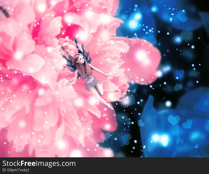 Illustration of big pink flower and flying fairy. Illustration of big pink flower and flying fairy.