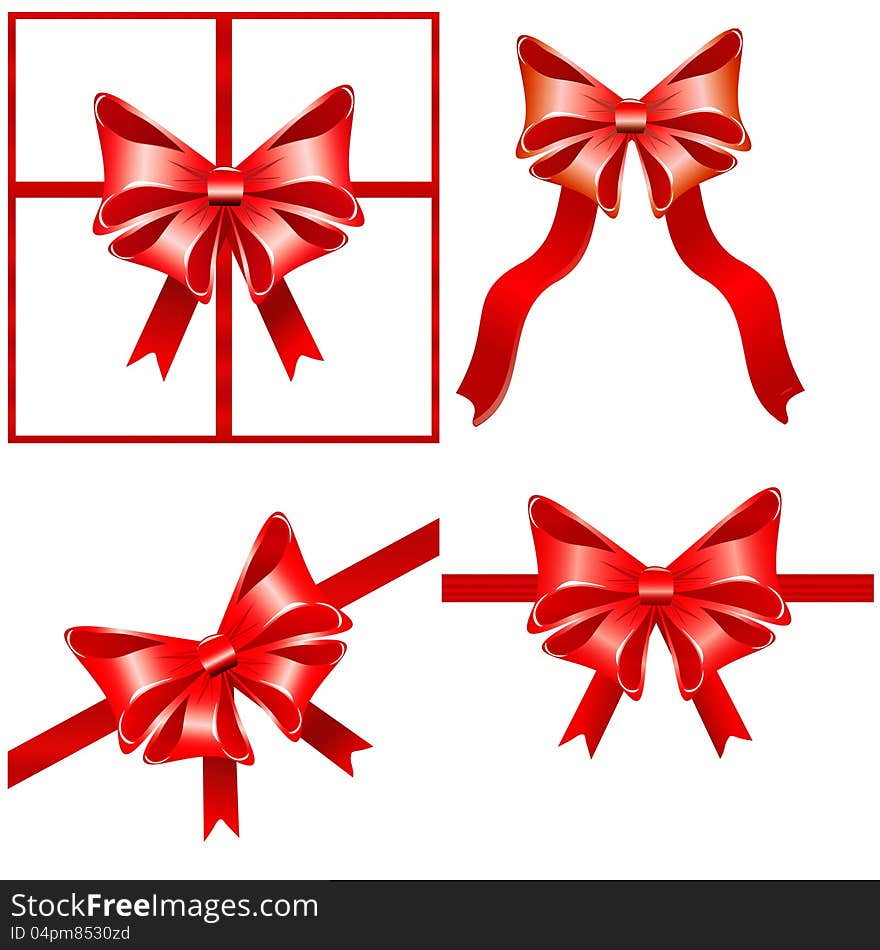 Set of red bows with ribbons on white background.