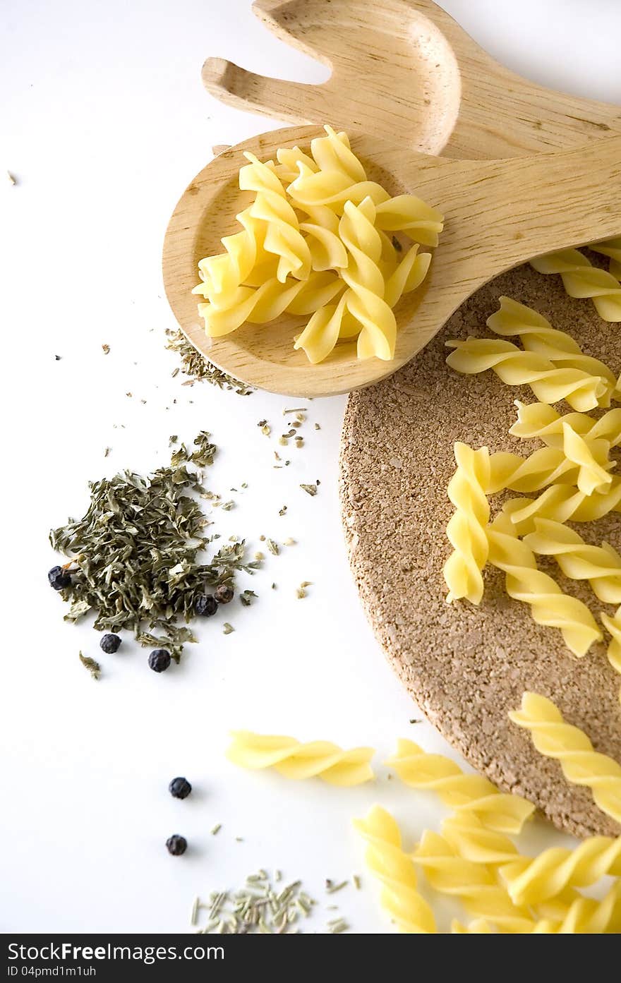 Uncooked pasta and spices