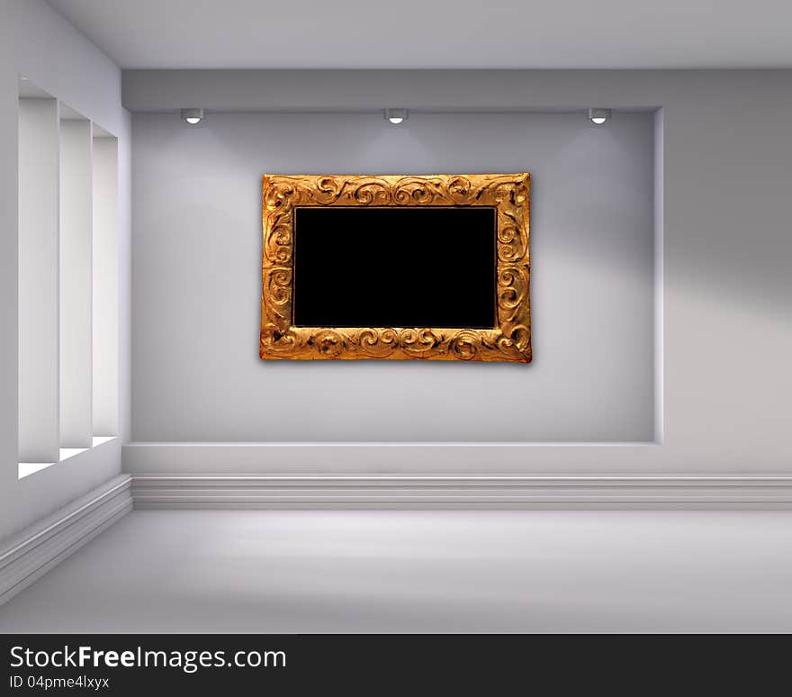 3d empty niche with spotlights and picture frame for exhibit in the bright interior