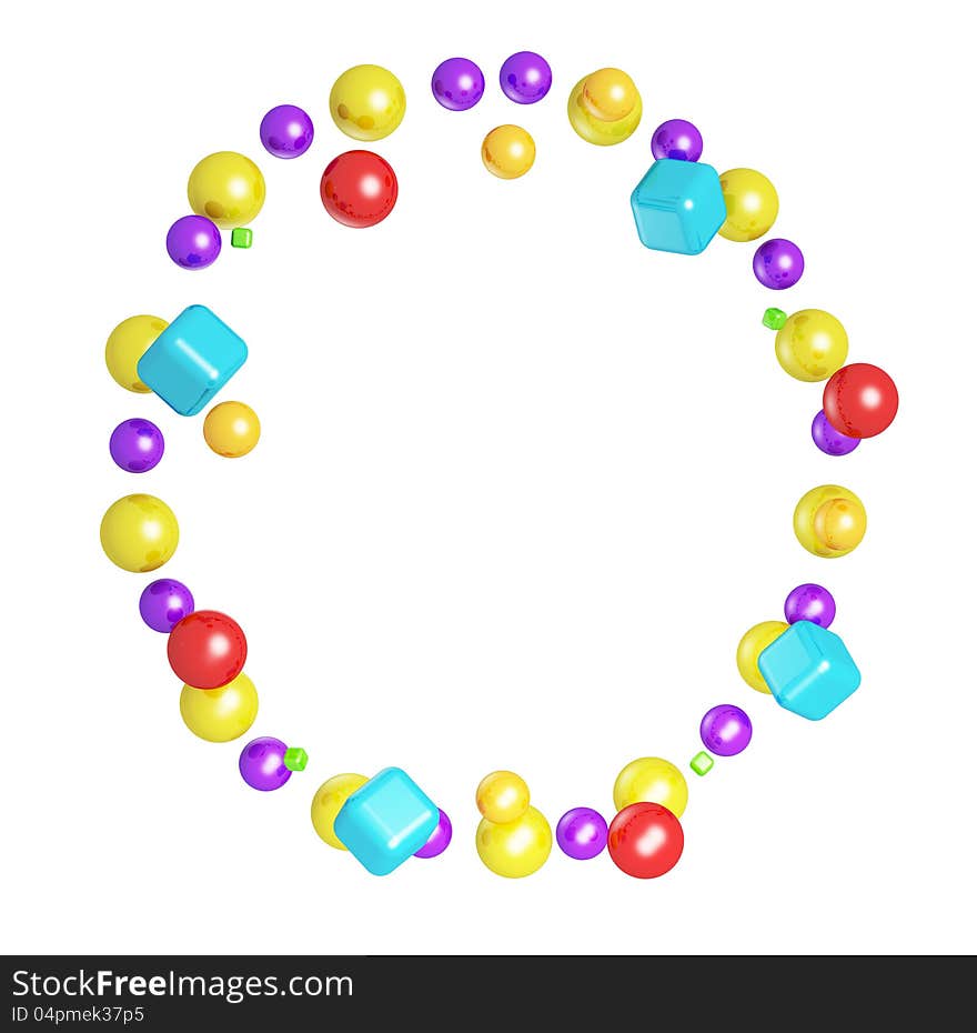 Abstract frame made from colorful glossy spheres and cubes isolated on white background. Abstract frame made from colorful glossy spheres and cubes isolated on white background