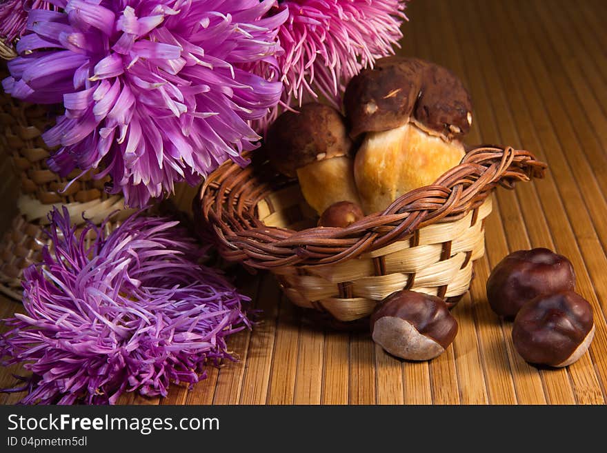 Bouquet of autumn flowers and mushrooms. Bouquet of autumn flowers and mushrooms